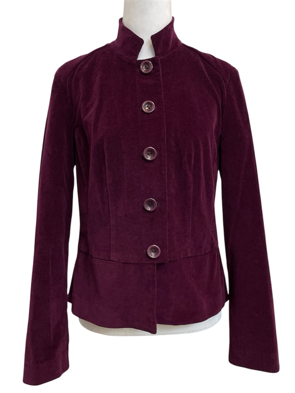 Talbots Stretch Plum Purple Crushed Velvet Button Mandarin Collar Front Jacket
